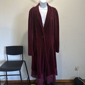 Womens Burgundy Corduroy Long Blazer Coat
